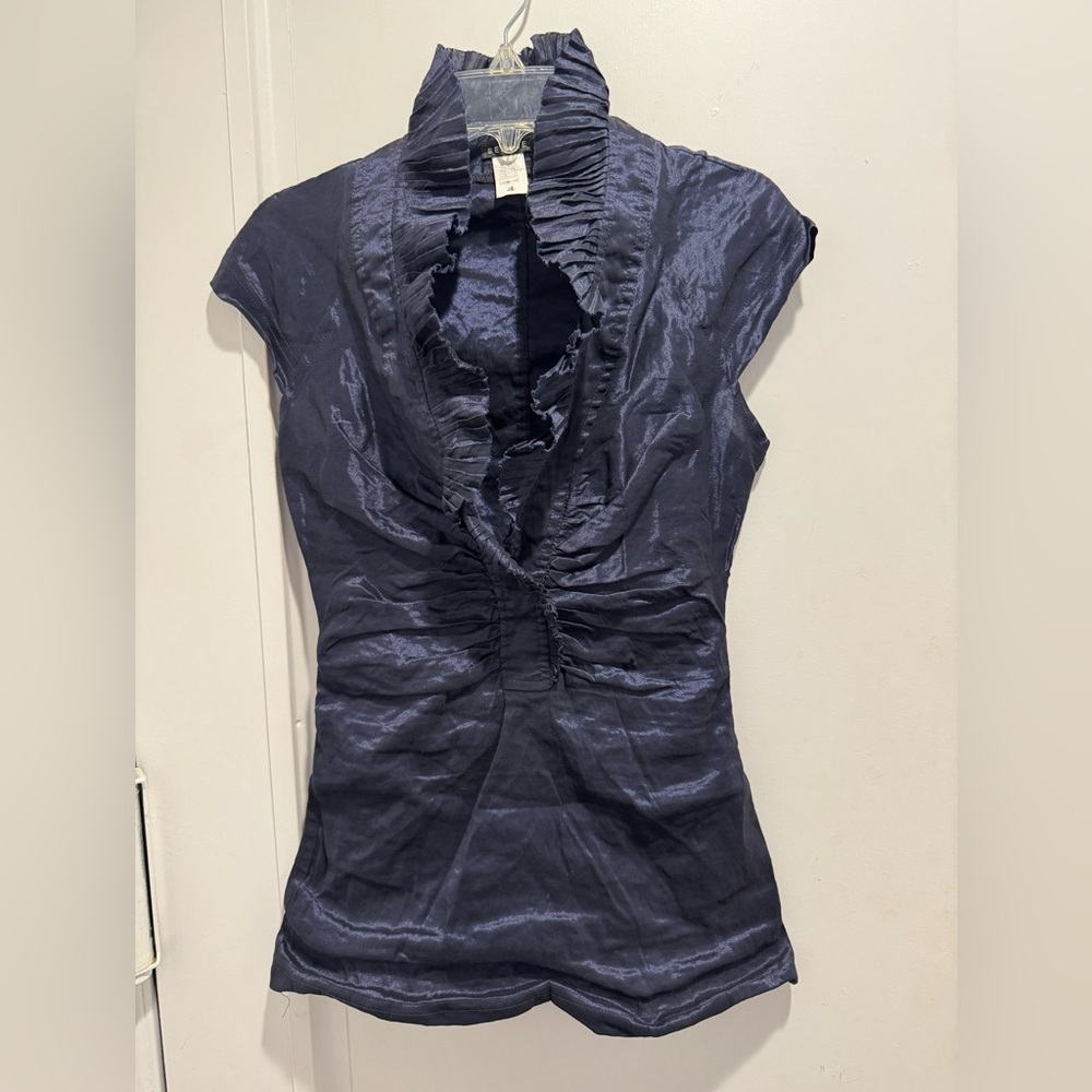 Searle Navy Shimmer Deep V Ruffle Sleeveless Evening Top. Sz 4. Great Condition!